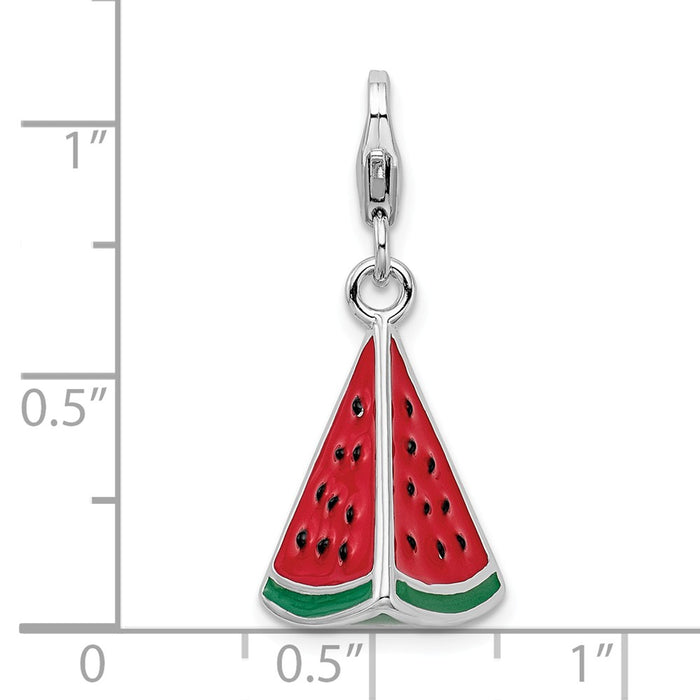 Million Charms 925 Sterling Silver Rhodium-Plated 3-D Enameled Watermelon Wedge With Lobster Clasp Charm