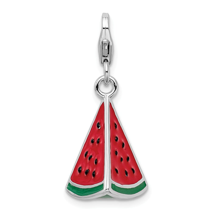 Million Charms 925 Sterling Silver Rhodium-Plated 3-D Enameled Watermelon Wedge With Lobster Clasp Charm