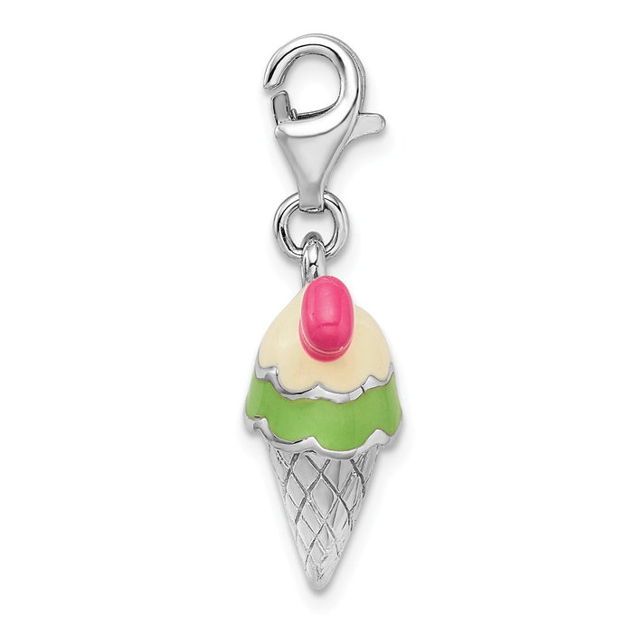 Million Charms 925 Sterling Silver Rhodium-Plated 3-D Enameled Ice Cream Cone With Lobster Clasp Charm