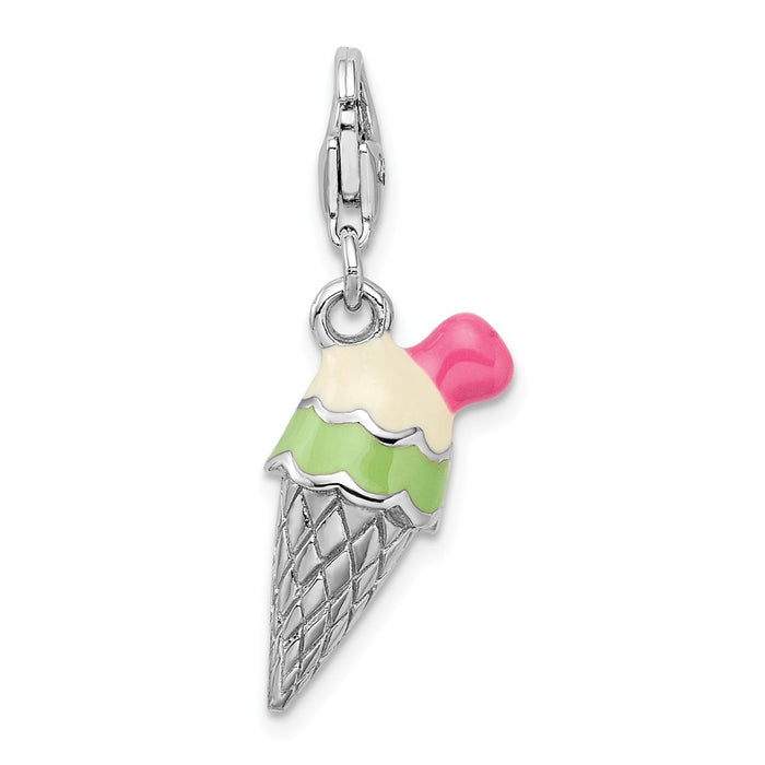 Million Charms 925 Sterling Silver Rhodium-Plated 3-D Enameled Ice Cream Cone With Lobster Clasp Charm