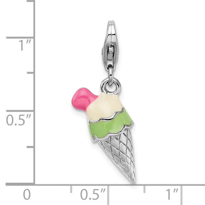 Million Charms 925 Sterling Silver Rhodium-Plated 3-D Enameled Ice Cream Cone With Lobster Clasp Charm