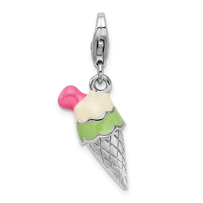Million Charms 925 Sterling Silver Rhodium-Plated 3-D Enameled Ice Cream Cone With Lobster Clasp Charm