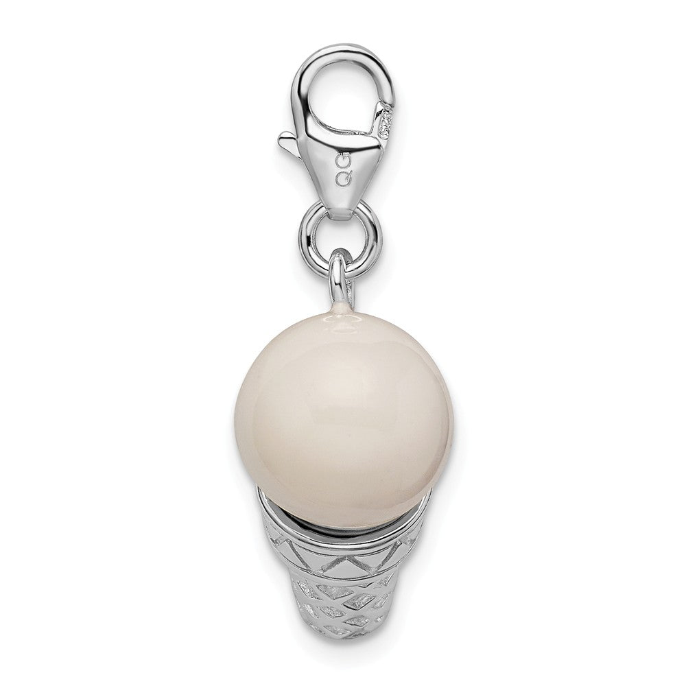 Million Charms 925 Sterling Silver Rhodium-Plated 3-D Enameled Ice Cream Cone With Lobster Clasp Charm