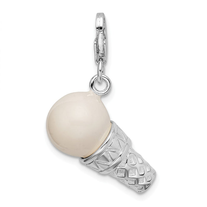 Million Charms 925 Sterling Silver Rhodium-Plated 3-D Enameled Ice Cream Cone With Lobster Clasp Charm