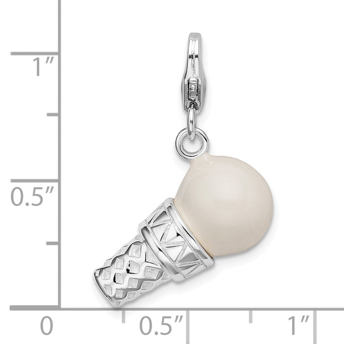 Million Charms 925 Sterling Silver Rhodium-Plated 3-D Enameled Ice Cream Cone With Lobster Clasp Charm