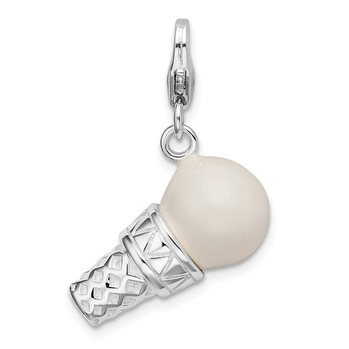 Million Charms 925 Sterling Silver Rhodium-Plated 3-D Enameled Ice Cream Cone With Lobster Clasp Charm