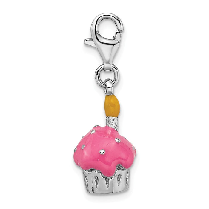 Million Charms 925 Sterling Silver Rhodium-Plated 3-D Enameled Cupcake & Candle With Lobster Clasp Charm