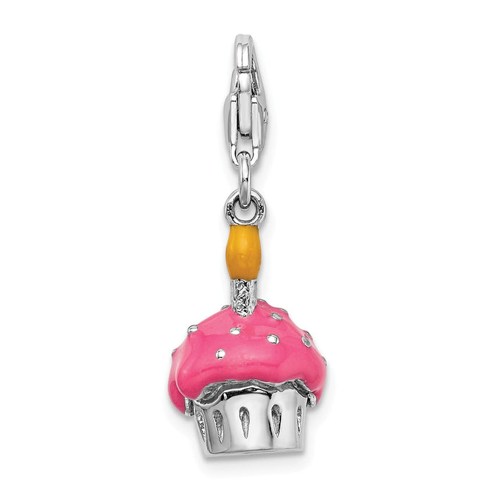 Million Charms 925 Sterling Silver Rhodium-Plated 3-D Enameled Cupcake & Candle With Lobster Clasp Charm