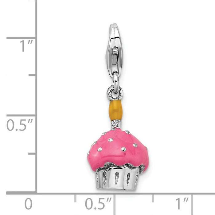 Million Charms 925 Sterling Silver Rhodium-Plated 3-D Enameled Cupcake & Candle With Lobster Clasp Charm