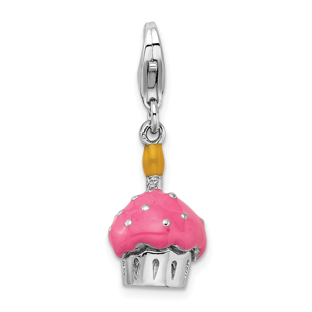 Million Charms 925 Sterling Silver Rhodium-Plated 3-D Enameled Cupcake & Candle With Lobster Clasp Charm