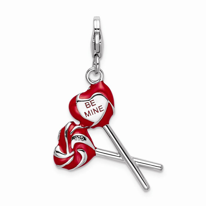 Million Charms 925 Sterling Silver With Rhodium-Plated Enamel Red Heart Be Mine Lollipop With Lobster Clasp Charm