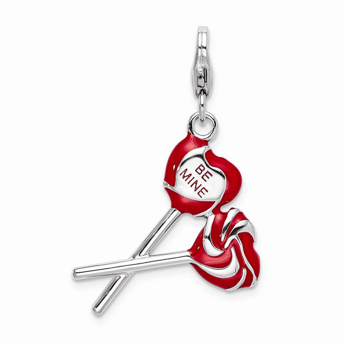 Million Charms 925 Sterling Silver With Rhodium-Plated Enamel Red Heart Be Mine Lollipop With Lobster Clasp Charm