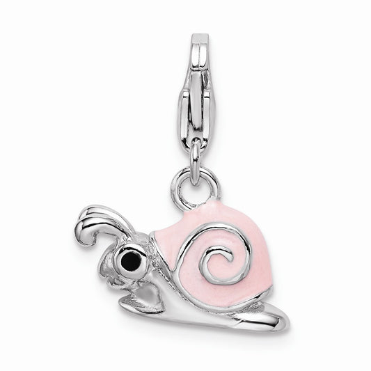 Million Charms 925 Sterling Silver With Rhodium-Plated Enamel Pink Snail With Lobster Clasp Charm