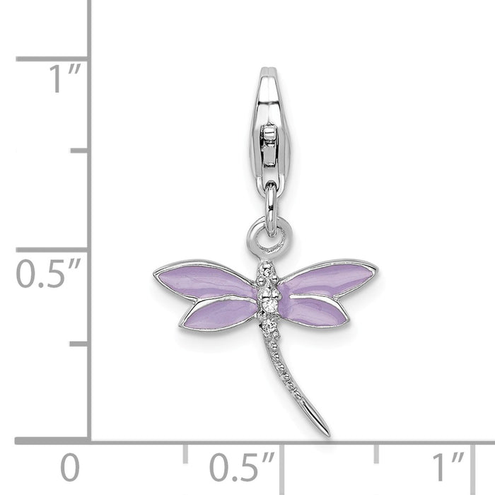Million Charms 925 Sterling Silver With Rhodium-Plated Lilac Enameled & (Cubic Zirconia) CZ Dragonfly With Lobster Clasp Charm
