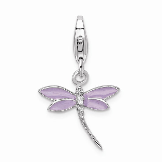 Million Charms 925 Sterling Silver With Rhodium-Plated Lilac Enameled & (Cubic Zirconia) CZ Dragonfly With Lobster Clasp Charm
