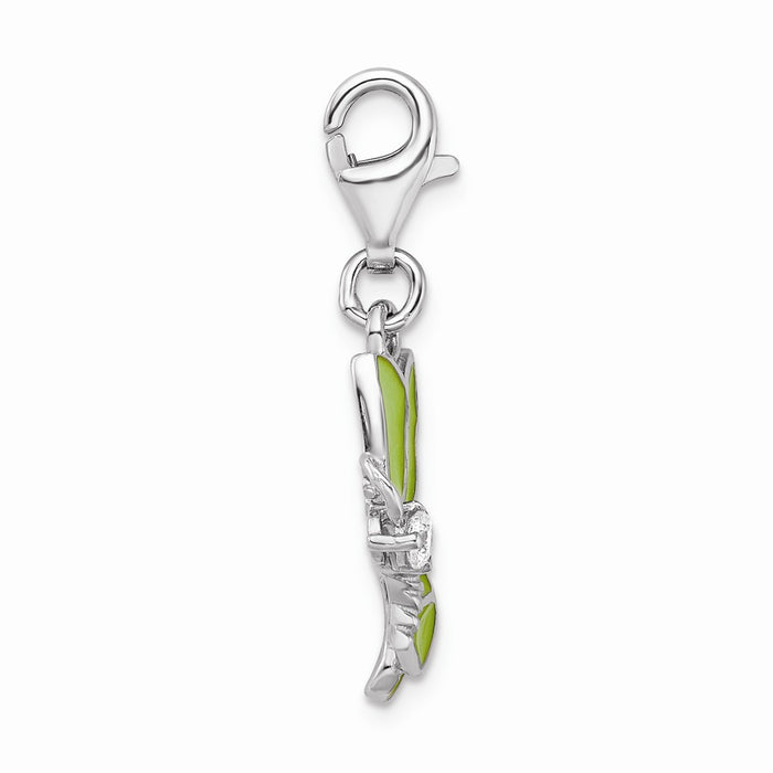 Million Charms 925 Sterling Silver With Rhodium-Plated Green Enameled & (Cubic Zirconia) CZ Butterfly With Lobster Clasp Charm