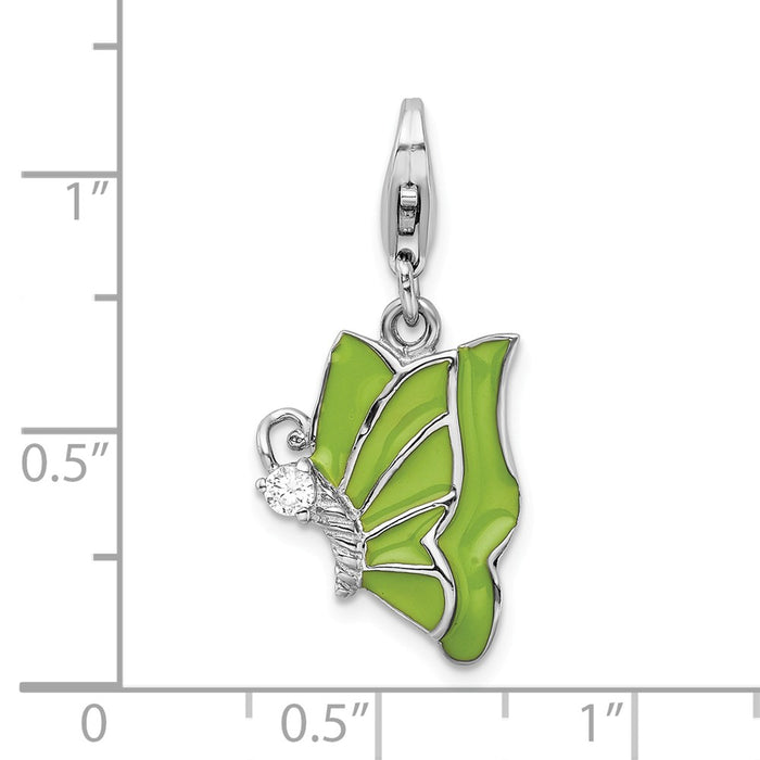 Million Charms 925 Sterling Silver With Rhodium-Plated Green Enameled & (Cubic Zirconia) CZ Butterfly With Lobster Clasp Charm
