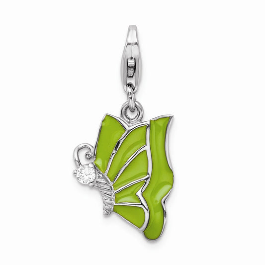 Million Charms 925 Sterling Silver With Rhodium-Plated Green Enameled & (Cubic Zirconia) CZ Butterfly With Lobster Clasp Charm