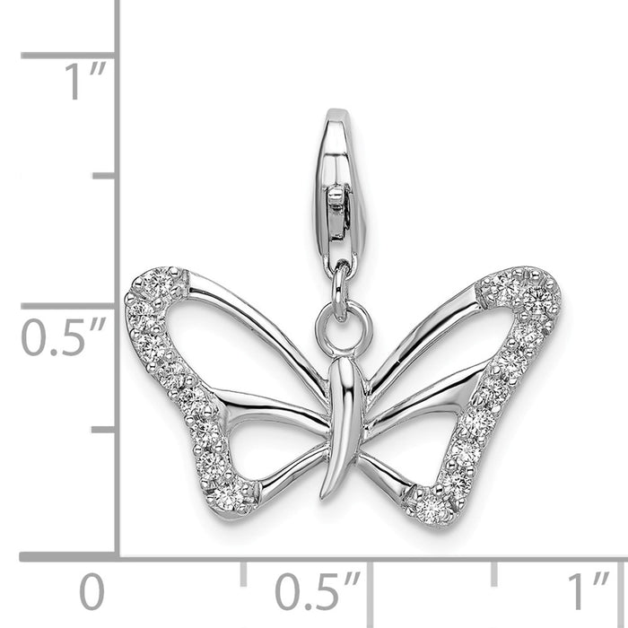 Million Charms 925 Sterling Silver With Rhodium-Plated (Cubic Zirconia) CZ Polished Butterfly With Lobster Clasp Charm