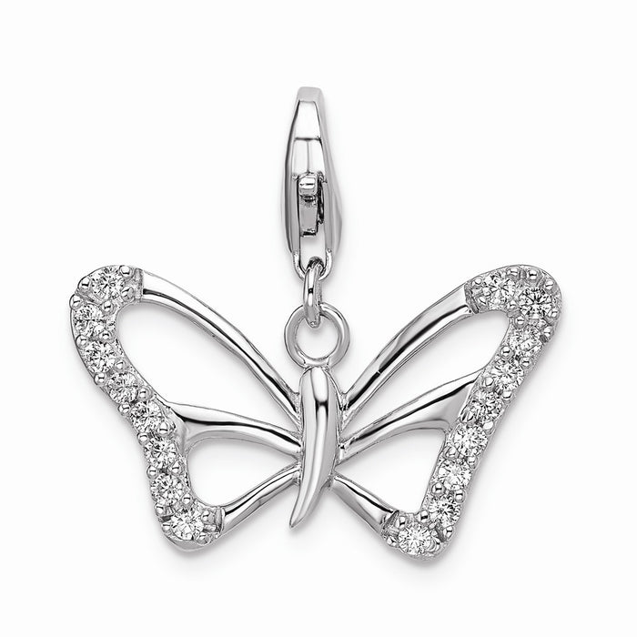 Million Charms 925 Sterling Silver With Rhodium-Plated (Cubic Zirconia) CZ Polished Butterfly With Lobster Clasp Charm