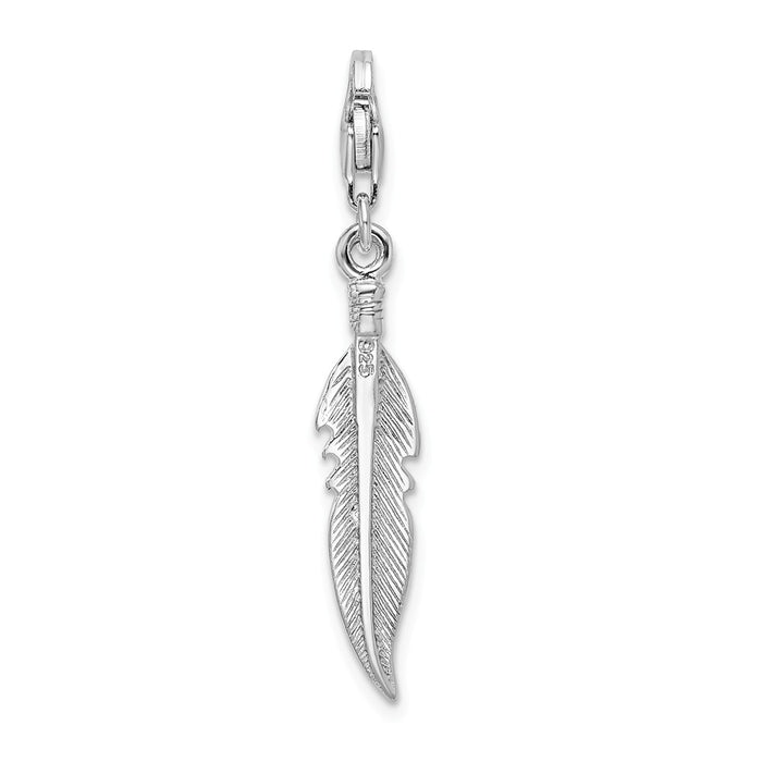 Million Charms 925 Sterling Silver Rhodium-Plated 3-D Polished Feather With Lobster Clasp Charm