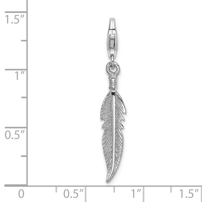Million Charms 925 Sterling Silver Rhodium-Plated 3-D Polished Feather With Lobster Clasp Charm