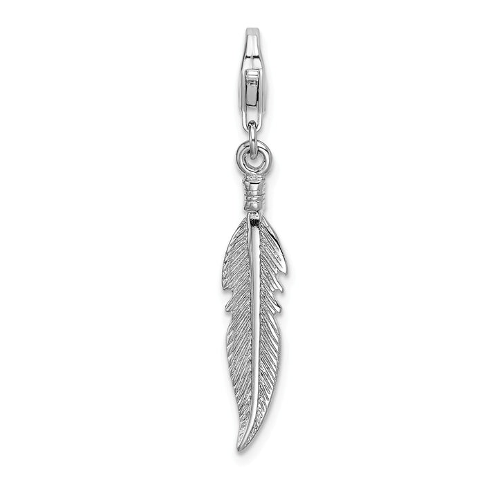 Million Charms 925 Sterling Silver Rhodium-Plated 3-D Polished Feather With Lobster Clasp Charm