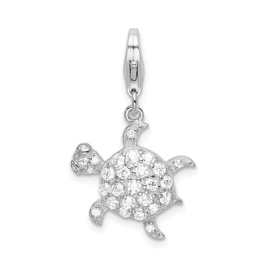 Million Charms 925 Sterling Silver Rhodium-Plated (Cubic Zirconia) CZ Sea Turtle With Lobster Clasp Charm