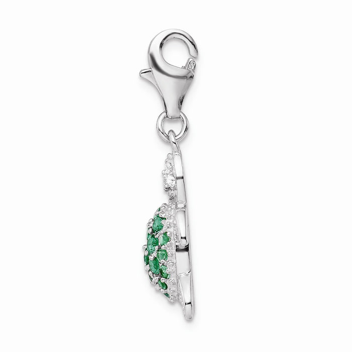 Million Charms 925 Sterling Silver Rhodium-Plated Green & Clear (Cubic Zirconia) CZ Turtle With Lobster Clasp Charm