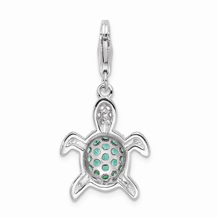 Million Charms 925 Sterling Silver Rhodium-Plated Green & Clear (Cubic Zirconia) CZ Turtle With Lobster Clasp Charm