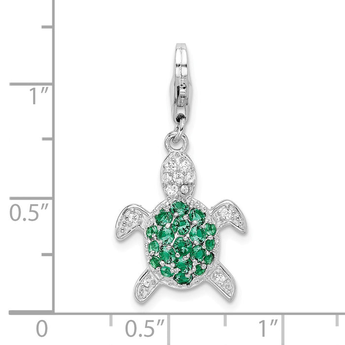 Million Charms 925 Sterling Silver Rhodium-Plated Green & Clear (Cubic Zirconia) CZ Turtle With Lobster Clasp Charm