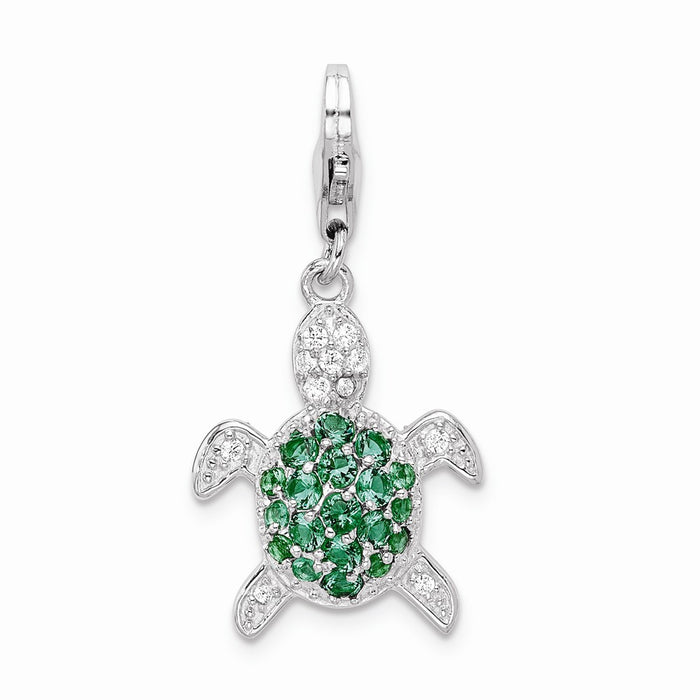 Million Charms 925 Sterling Silver Rhodium-Plated Green & Clear (Cubic Zirconia) CZ Turtle With Lobster Clasp Charm