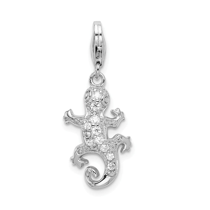 Million Charms 925 Sterling Silver Rhodium-Plated (Cubic Zirconia) CZ Lizard With Lobster Clasp Charm