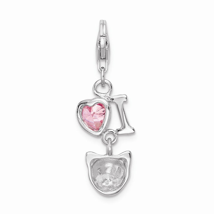 Million Charms 925 Sterling Silver Rhodium-Plated (Cubic Zirconia) CZ I Love Cats With Lobster Clasp Charm