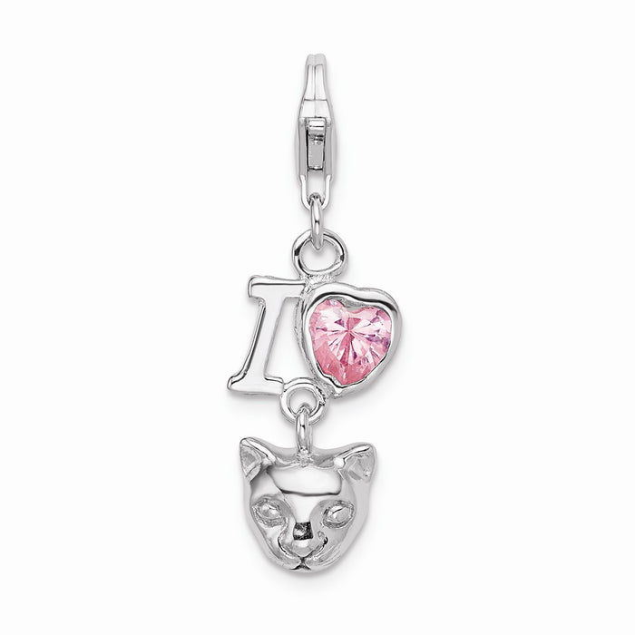 Million Charms 925 Sterling Silver Rhodium-Plated (Cubic Zirconia) CZ I Love Cats With Lobster Clasp Charm