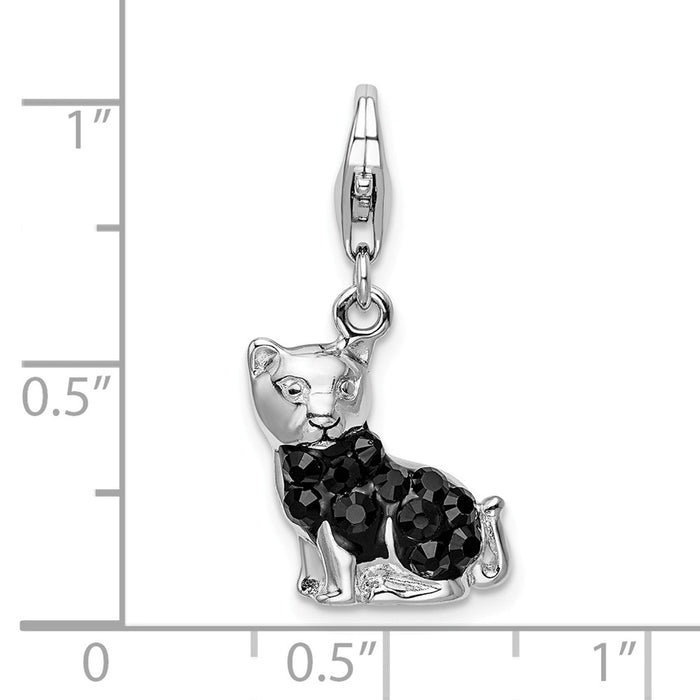 Million Charms 925 Sterling Silver Rhodium-Plated Enameled Crystal Cat With Lobster Clasp Charm