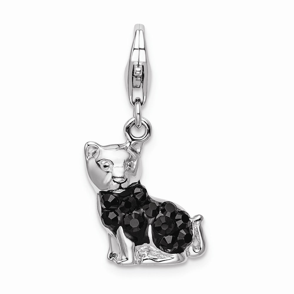 Million Charms 925 Sterling Silver Rhodium-Plated Enameled Crystal Cat With Lobster Clasp Charm