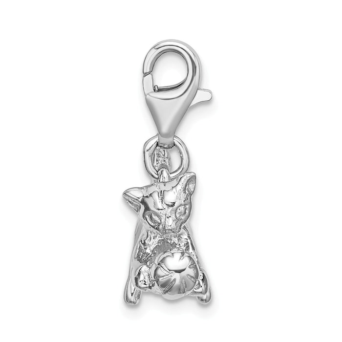 Million Charms 925 Sterling Silver With Rhodium-Plated 3-D Polished Kitten & Ball With Lobster Clasp Charm