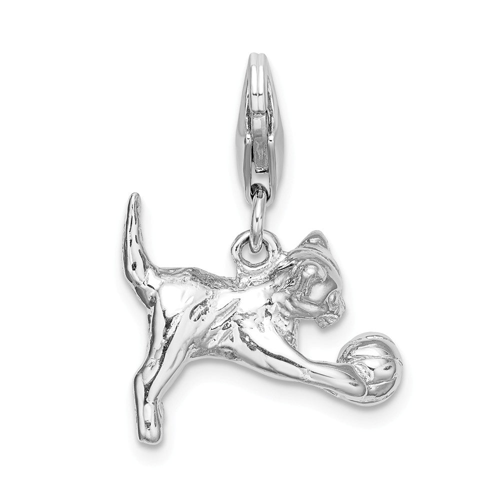 Million Charms 925 Sterling Silver With Rhodium-Plated 3-D Polished Kitten & Ball With Lobster Clasp Charm