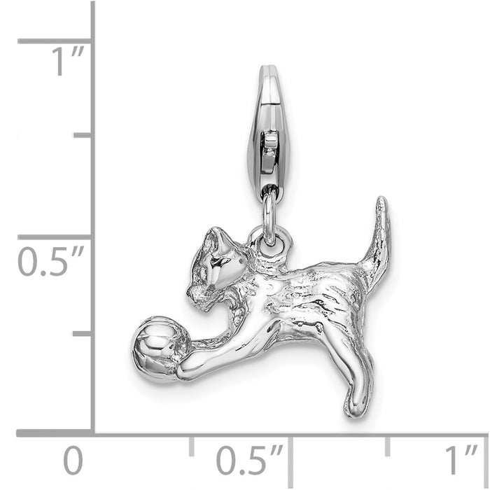 Million Charms 925 Sterling Silver With Rhodium-Plated 3-D Polished Kitten & Ball With Lobster Clasp Charm