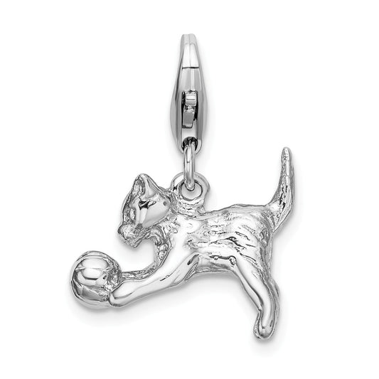 Million Charms 925 Sterling Silver With Rhodium-Plated 3-D Polished Kitten & Ball With Lobster Clasp Charm