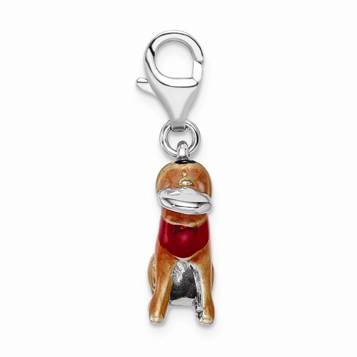 Million Charms 925 Sterling Silver With Rhodium-Plated 3-D Enamel Light Brown Dog & Toy With Lobster Clasp Charm