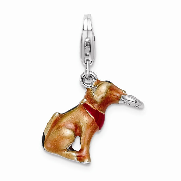 Million Charms 925 Sterling Silver With Rhodium-Plated 3-D Enamel Light Brown Dog & Toy With Lobster Clasp Charm