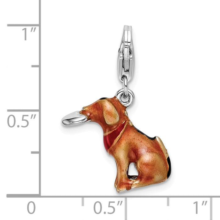 Million Charms 925 Sterling Silver With Rhodium-Plated 3-D Enamel Light Brown Dog & Toy With Lobster Clasp Charm