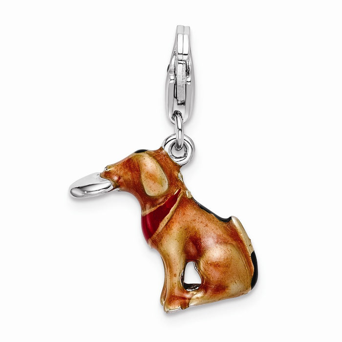 Million Charms 925 Sterling Silver With Rhodium-Plated 3-D Enamel Light Brown Dog & Toy With Lobster Clasp Charm
