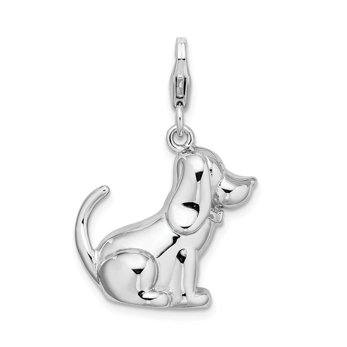 Million Charms 925 Sterling Silver With Rhodium-Plated 3-D Polished & Enameled Dog With Lobster Clasp Charm