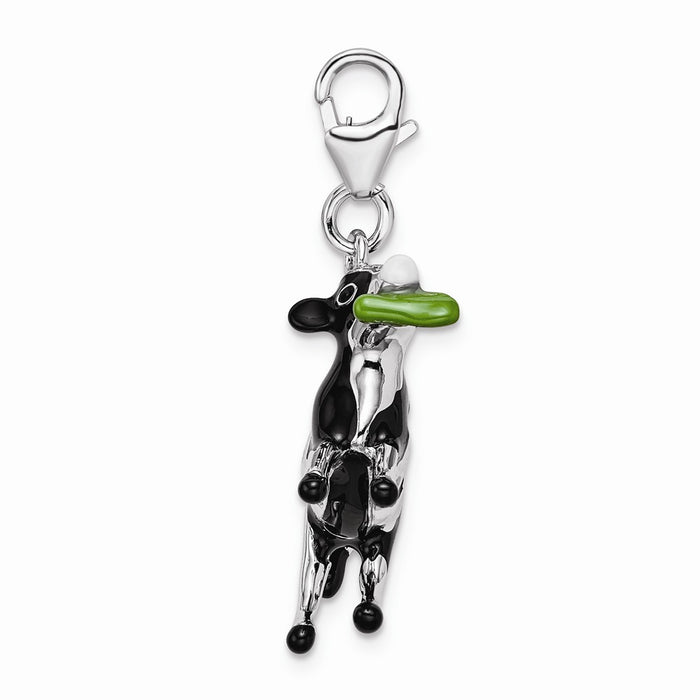 Million Charms 925 Sterling Silver With Rhodium-Plated 3-D Enameled Eating Cow With Lobster Clasp Charm