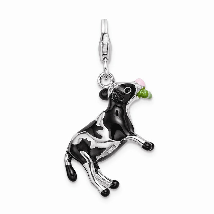 Million Charms 925 Sterling Silver With Rhodium-Plated 3-D Enameled Eating Cow With Lobster Clasp Charm