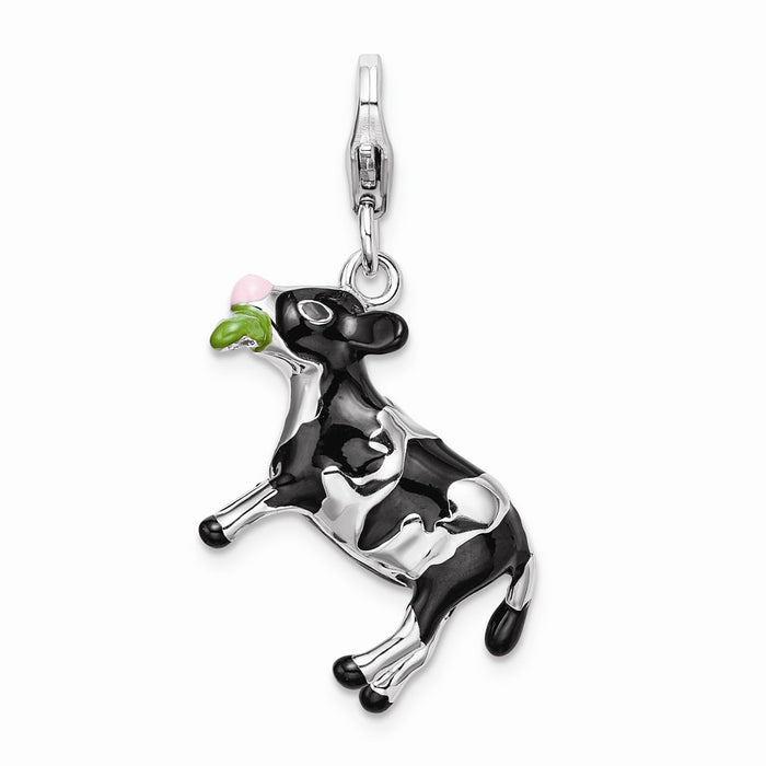 Million Charms 925 Sterling Silver With Rhodium-Plated 3-D Enameled Eating Cow With Lobster Clasp Charm