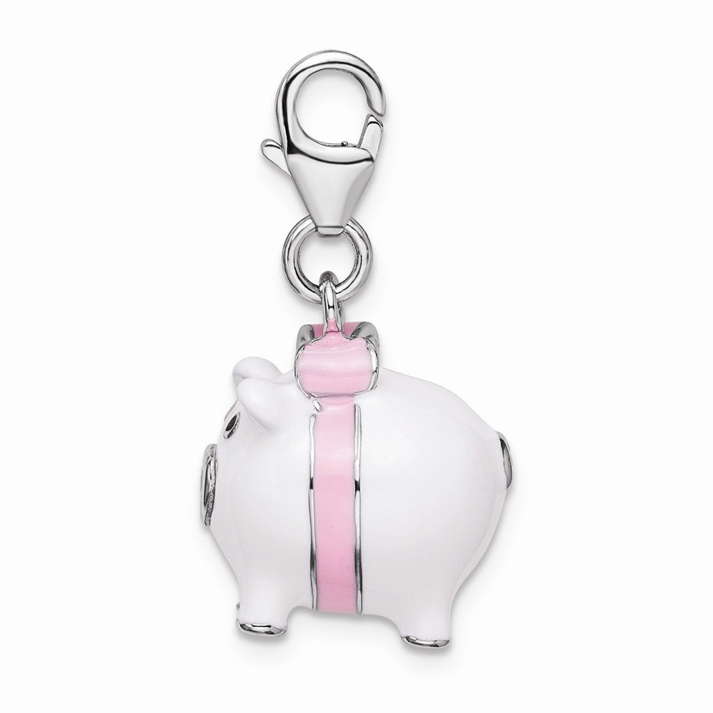 Million Charms 925 Sterling Silver Rhodium-Plated 3-D Enameled Pig With Lobster Clasp Charm